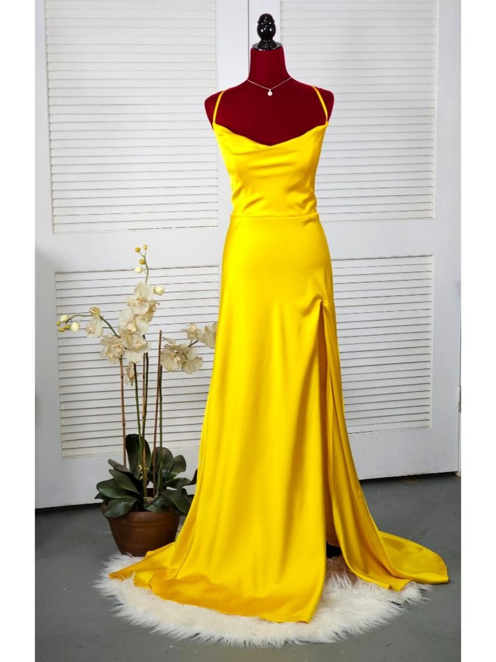 NWT Ellie Wilde Mon Cheri Sunflower Yellow Satin Long Prom Dress Size 16 1751 - Picture 2 of 16